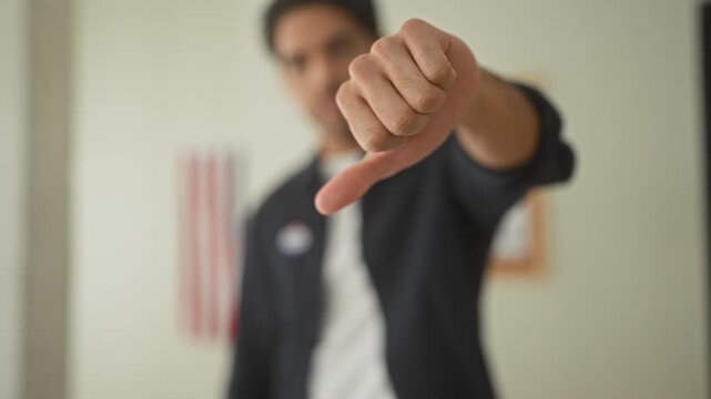 Man with voting sticker shows thumbs down hand gesture in a polling building; political disapproval.