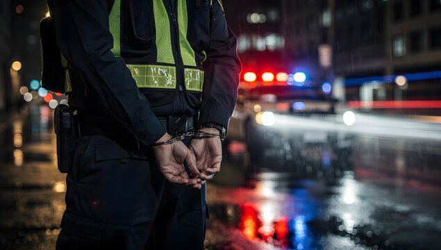 Nighttime Law Enforcement Scene with Police Officer and Handcuffs