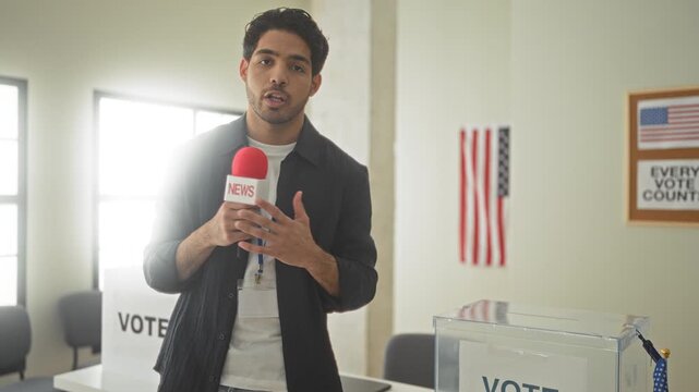Man reporter holds red microphone and touches transparent ballot box in voting building; civic duty serious.