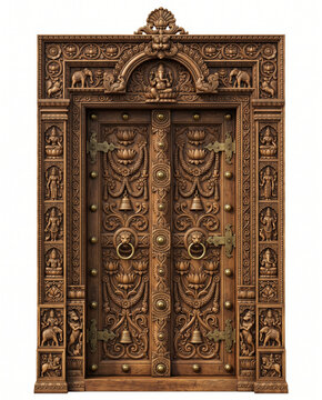 A tall double entrance door is richly decorated with floral and botanical reliefs, sculpted figures, circular motifs, decorative rings, and layered architectural borders. 