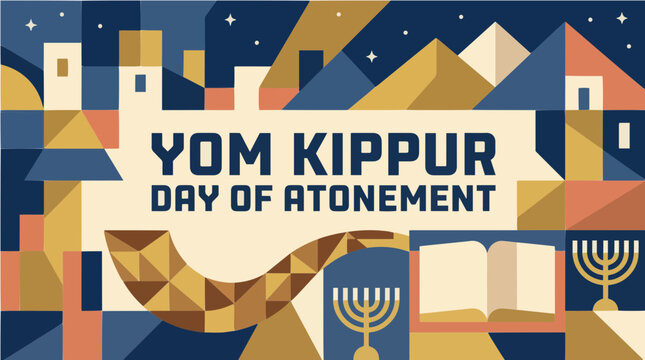 Yom Kippur Day of Atonement vector banner with geometric abstract patterns, shofar horn, Torah book, and menorah symbols.