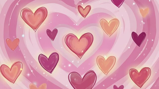 Graphic animation illustration featuring a whimsical pink background filled with softly glowing hearts, gentle gradients, romantic atmosphere, 4K video