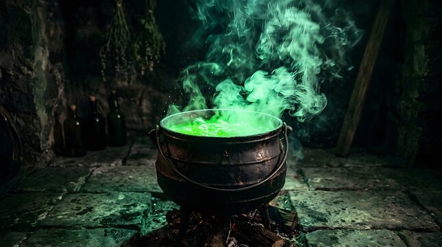 A bubbling cauldron with eerie green smoke evokes the mysterious and magical spirit of halloween night