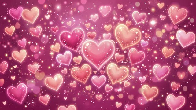 Graphic animation illustration featuring a whimsical pink background filled with softly glowing hearts, gentle gradients, romantic atmosphere, 4K video