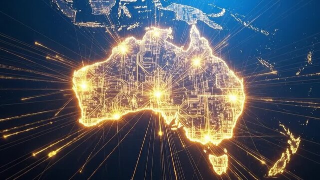 Digital connectivity and technology network map of Australia with glowing circuit board patterns and glowing data lines representing modern communication