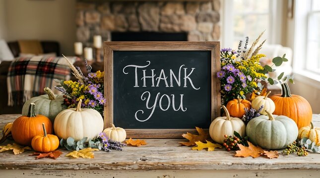 A cozy autumn scene featuring pumpkins a thankful message and warm fall decorations for a festive display