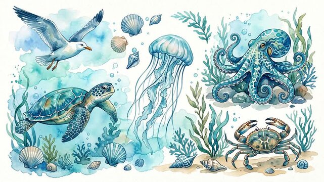 Beautiful watercolor illustration of ocean animals including sea turtle, octopus, jellyfish, crab, and seagull with seashells