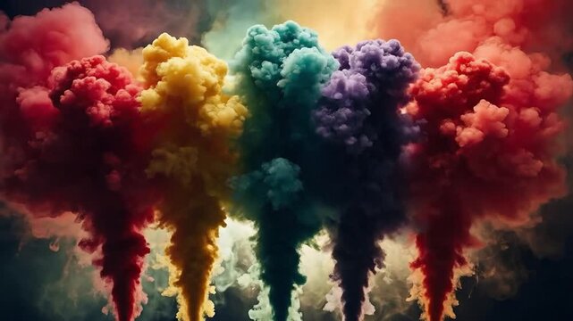 Vibrant rainbow colored smoke plumes billowing in dynamic swirls representing abstract creativity and celebration