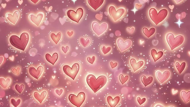 Graphic animation illustration featuring a whimsical pink background filled with softly glowing hearts, gentle gradients, romantic atmosphere, 4K video