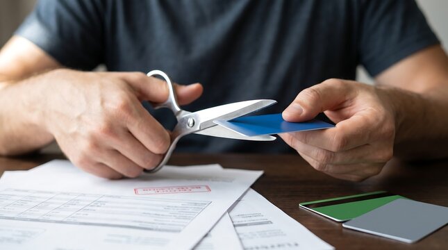 Business person cutting credit card with scissors conceptualizing financial responsibility and debt elimination scissors financial business cancellation responsibility bankruptcy security
