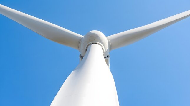 Modern wind turbine hub and blades against clear blue sky