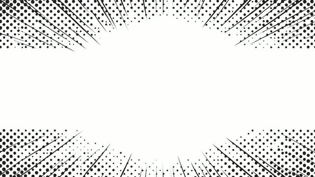 Hand drawn comic border frame with halftone dots and radial lines around empty center, seamless loop, text overlay
