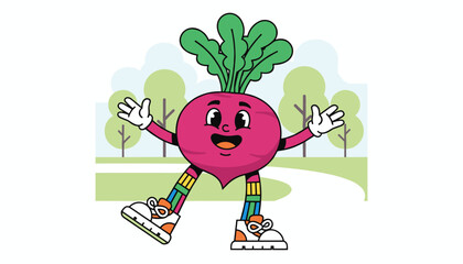 Fototapeta premium Happy beetroot cartoon character with green leaves walks cheerfully in front of a park path background.