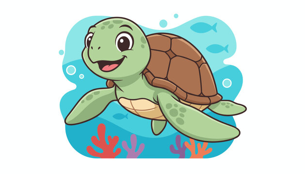 Happy green sea turtle swims gracefully under the ocean water with sea corals and fishes in the background.