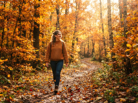 Young woman walking through golden autumn forest trail during fall foliage season