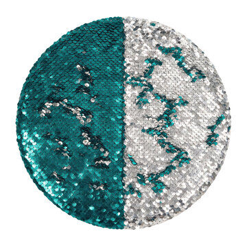 Sequins fabric with sensory texture in teal and silver colors creating shiny reversible surface with tactile appeal