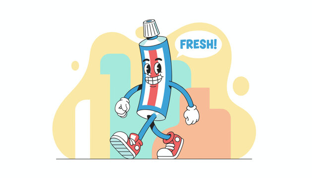 Retro cartoon toothpaste character walking confidently and saying fresh with a comic speech bubble on yellow.