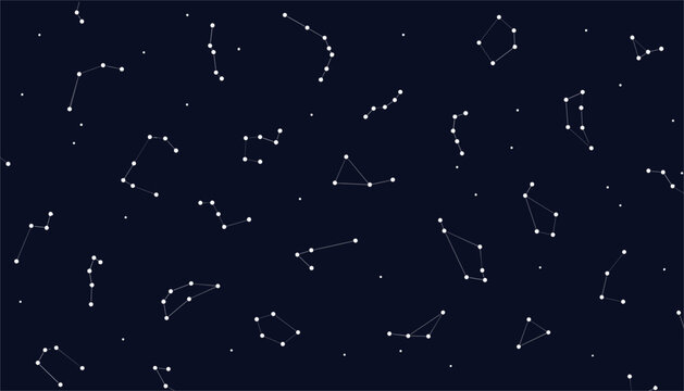 Seamless pattern of white star constellations and small sparkling stars over a dark night sky background.