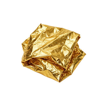 Crumpled golden foil with shiny texture and sensory metallic surface reflecting light in abstract form