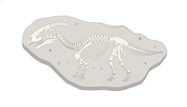 Detailed dinosaur skeleton fossil embedded in a light grey rock slab isolated on a plain white background.