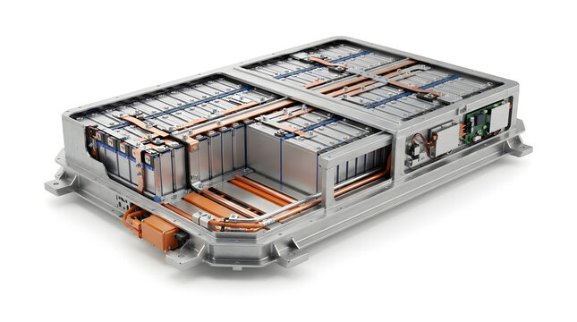 Electric vehicle battery pack with lithium ion cells cooling channels wiring and structural housing in detailed 3D engineering illustration