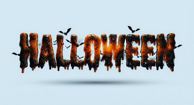 Gross liquid Halloween 3d text in orange and black colors surrounded by bats