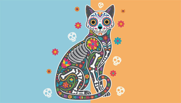 Ornate sugar skull cat decorated with colorful floral patterns for Day of the Dead, vector illustration.