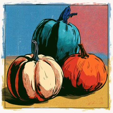 Three pumpkins sit on a surface with bold colors in the backdrop. The pumpkins feature thick outlines and dots.