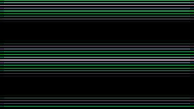 Horizontal bands of gray and green lines create a digital glitch effect against a black background.