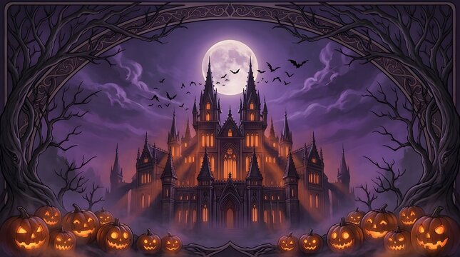 A spooky illuminated castle stands against a full moon on a chilling halloween night full of mystery