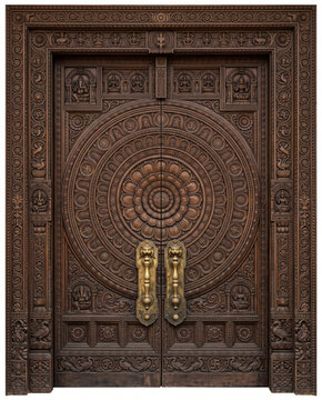 A monumental double door features a large concentric circular relief covering most of the central surface, surrounded by geometric borders, floral ornament, smaller carved panels