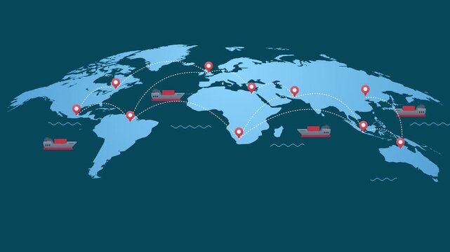 Global logistics background video featuring world map container cargo ships and red location pins connecting maritime trade routes