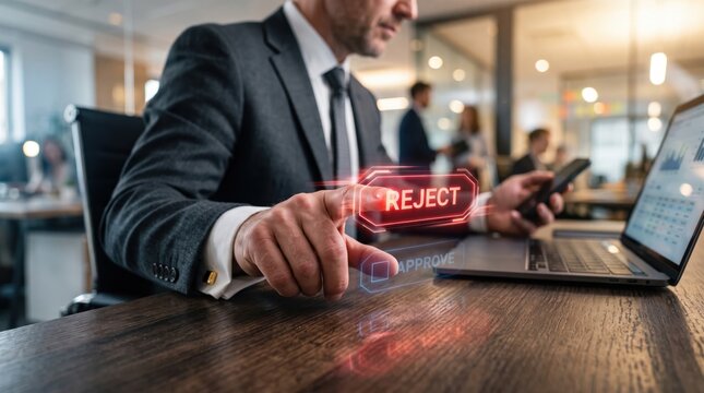 Rejection Button Press: A businessman in a sharp suit presses a holographic REJECT button on his smartphone, his focused gaze reflecting the decision-making process in a modern office environment.