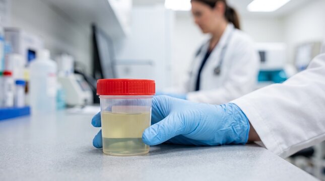 Doctor wearing blue gloves placing urine test sample cup on clinic table