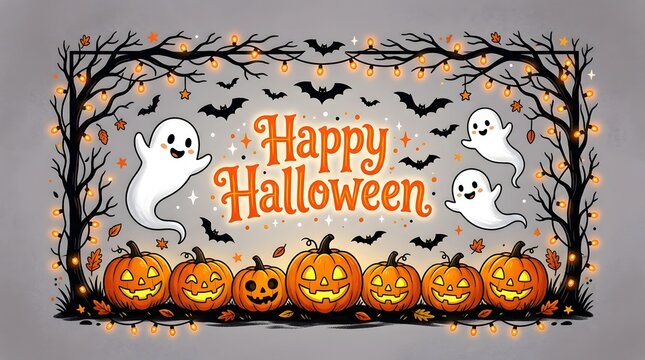 A spooky and festive happy halloween scene with glowing pumpkins friendly ghosts and fluttering bats