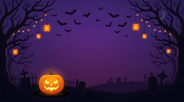 A spooky halloween night scene with jack o' lanterns bats and eerie glowing lanterns in a dark forest