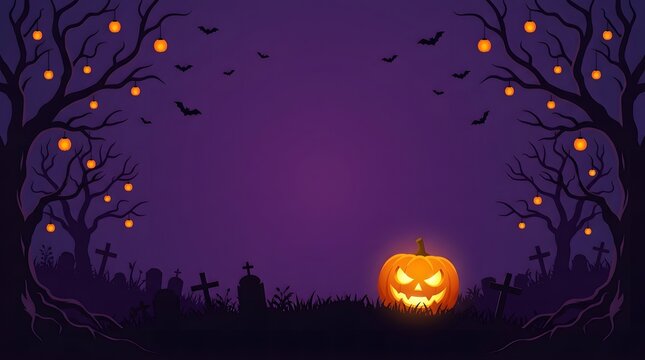 A spooky halloween night scene with a glowing jack o' lantern and silhouetted trees under a purple sky