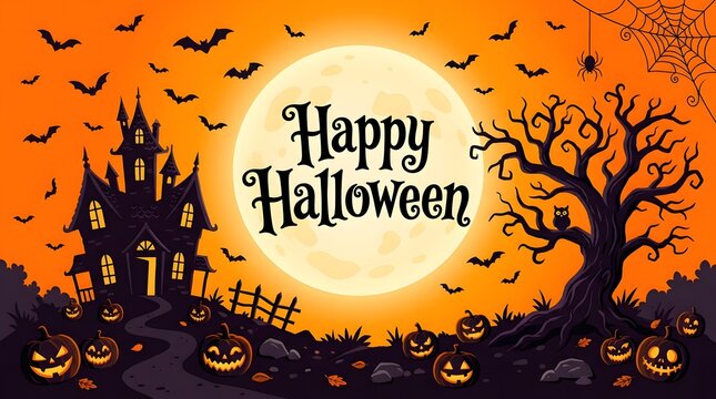 A spooky and delightful halloween scene featuring a castle bats and a glowing full moon