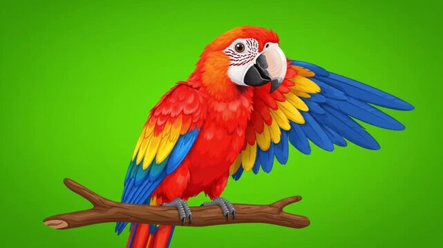 Vibrant Scarlet Macaw Parrot Raising Wing on Perch with Green Screen Background. 4K Video