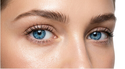 Fototapeta premium Close-up of young woman's blue eyes with natural makeup and perfectly groomed eyebrows on transparent background