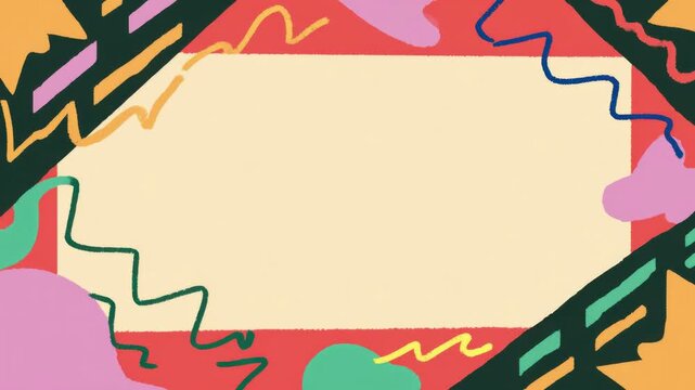 Abstract animated border frame with colorful hand drawn shapes around blank center seamless loop