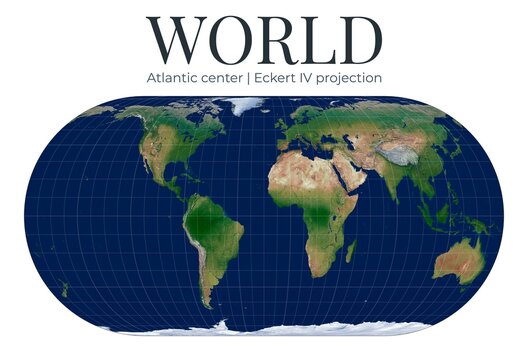 World Map. Eckert IV projection. Equal-area world common for statistical choropleths. Atlantic center centered at lat 0 and lon -20. Detailed physical map.