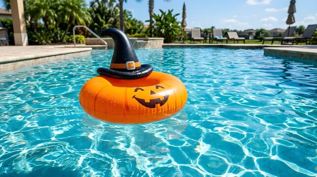 A festive halloween pumpkin float enjoying a sunny day in a sparkling blue swimming pool