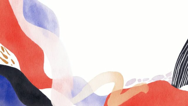 Abstract watercolor waves border with flowing colorful shapes and empty center for text overlay, hand drawn stop motion animation seamless loop
