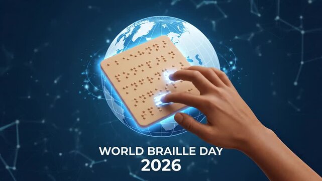 Person reading Braille alphabet text for World Braille Day with glowing globe background
