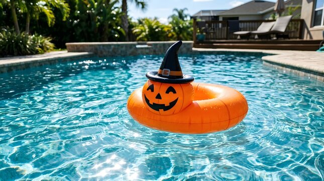 A festive halloween pumpkin float enjoys a relaxing swim in a bright sunlit backyard pool