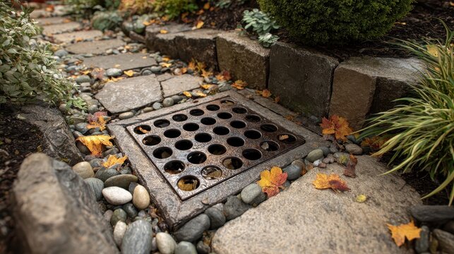 Drainage grate on a garden stone pathway covered with autumn leaves. Perfect for landscaping and drainage system.