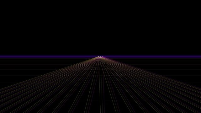 Perspective grid lines converge at a vanishing point against a dark background with a glowing horizon