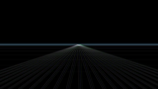 Glowing white grid lines stretch toward a distant vanishing point on a black background.