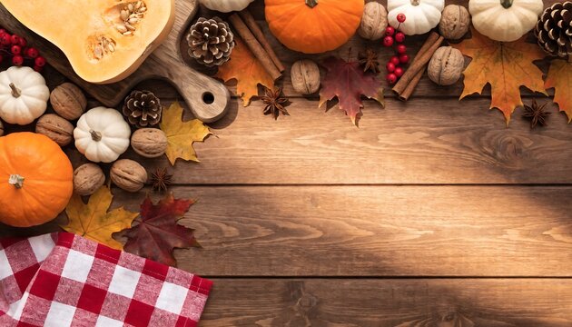 Rustic Autumn Harvest Thanksgiving Background on Wooden Table